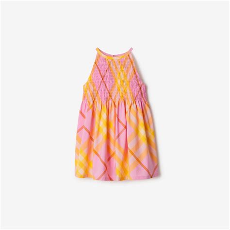 burberry smocked dress|Check Cotton Dress in Carnation pink .